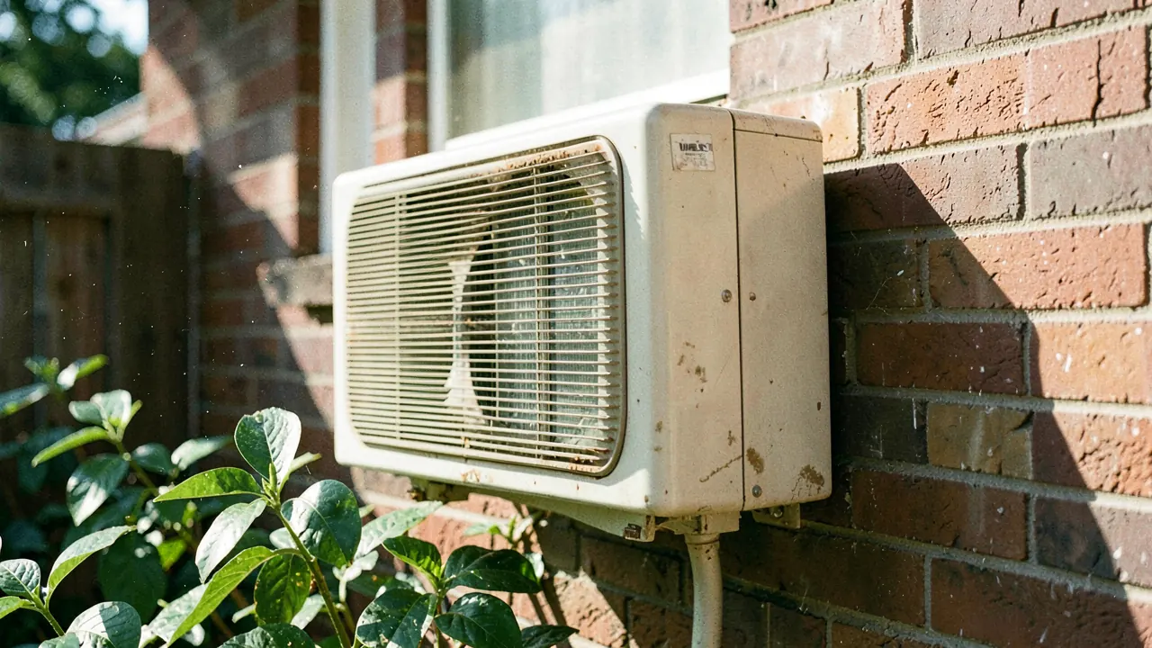 A window air conditioner on the brick wall of a house under strong summer sun