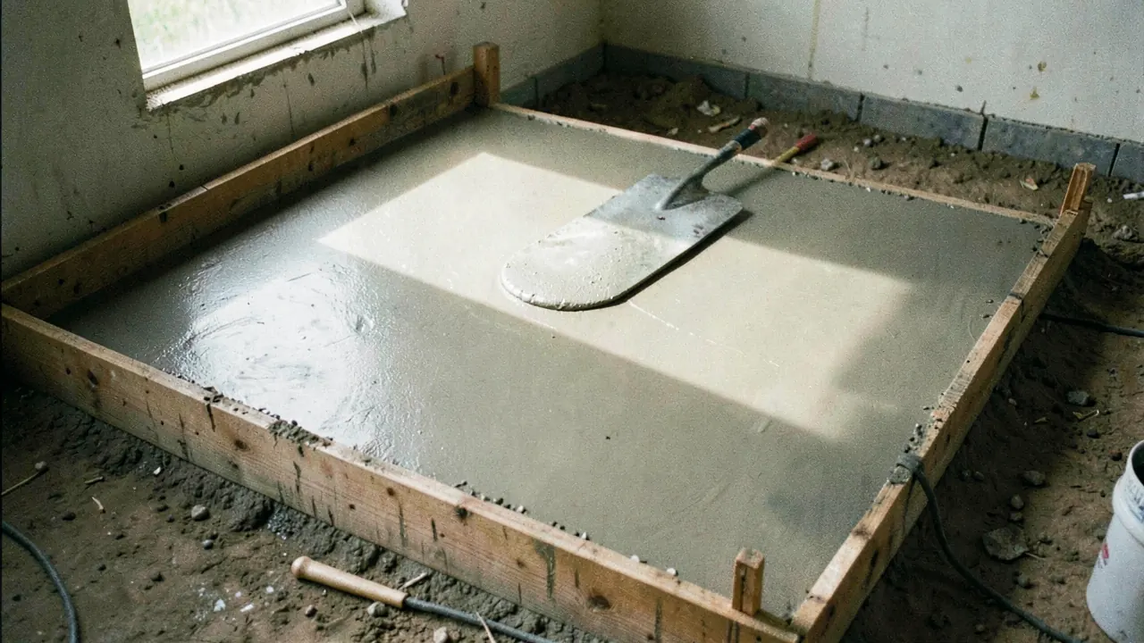 A freshly poured concrete slab being smoothed with a steel float inside wooden forms