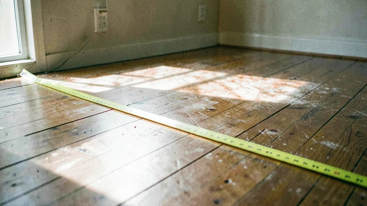 A yellow measuring tape pulled across hardwood floorboards in an empty sunlit room