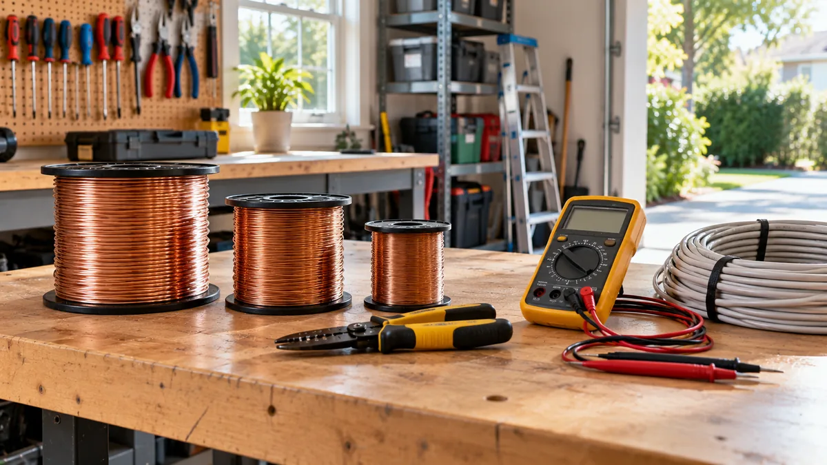 A coil of bare copper electrical wire on a workshop floor beside a wooden cable reel