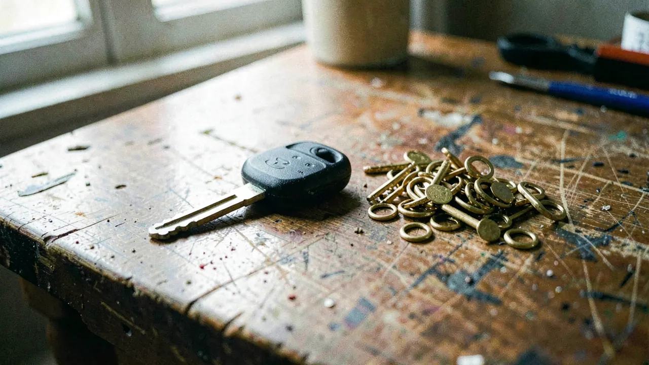 A car key with a black plastic remote fob on a locksmith workbench beside a key cutting machine