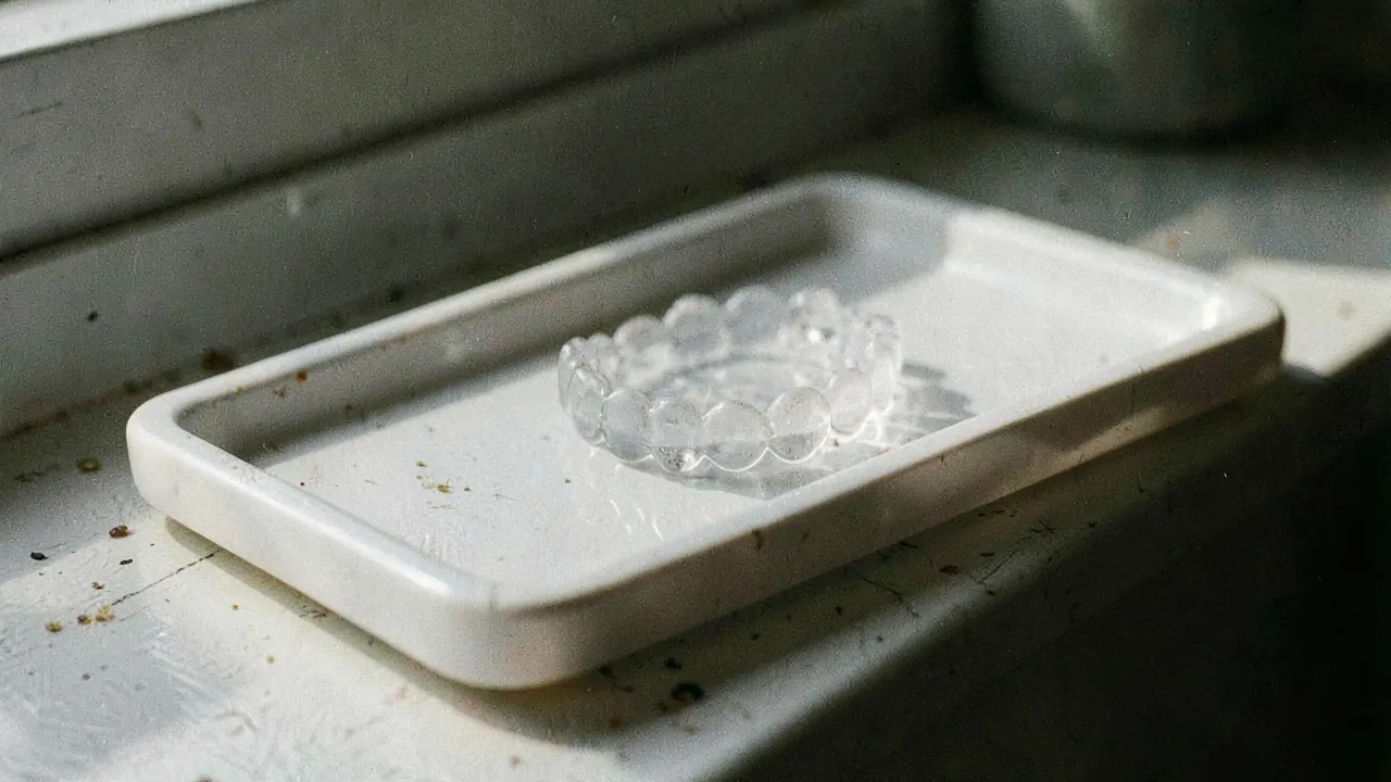 A clear dental aligner resting on a white ceramic tray in soft window light