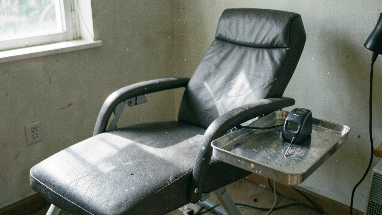 A quiet treatment room with a reclining chair and a handheld laser device on a steel tray
