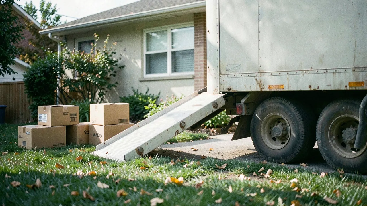 A moving truck with its loading ramp down in front of a house, cardboard boxes stacked on the lawn