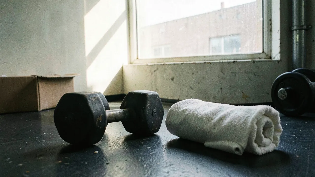 A pair of dumbbells and a rolled white towel on a gym floor by a wide window at dawn