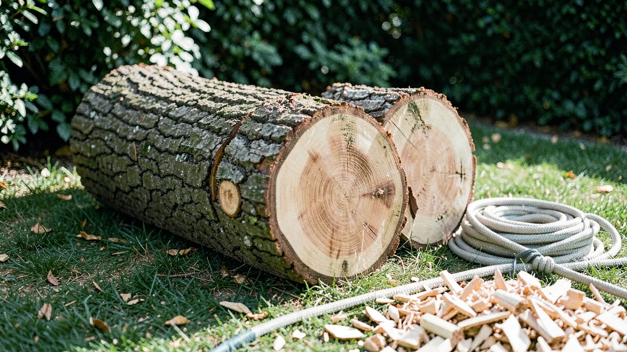 A chainsaw and coils of climbing rope at the base of a tall felled oak trunk in a garden